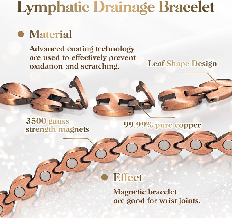 Mahnco Copper Bracelets for Women Lymph Detox Magnetic Bracelets, 100% Solid Pure Copper Bracelet with 3500 Gauss Magnets & Lymphatic Drainage Ring with Adjustment Tool - Image 3